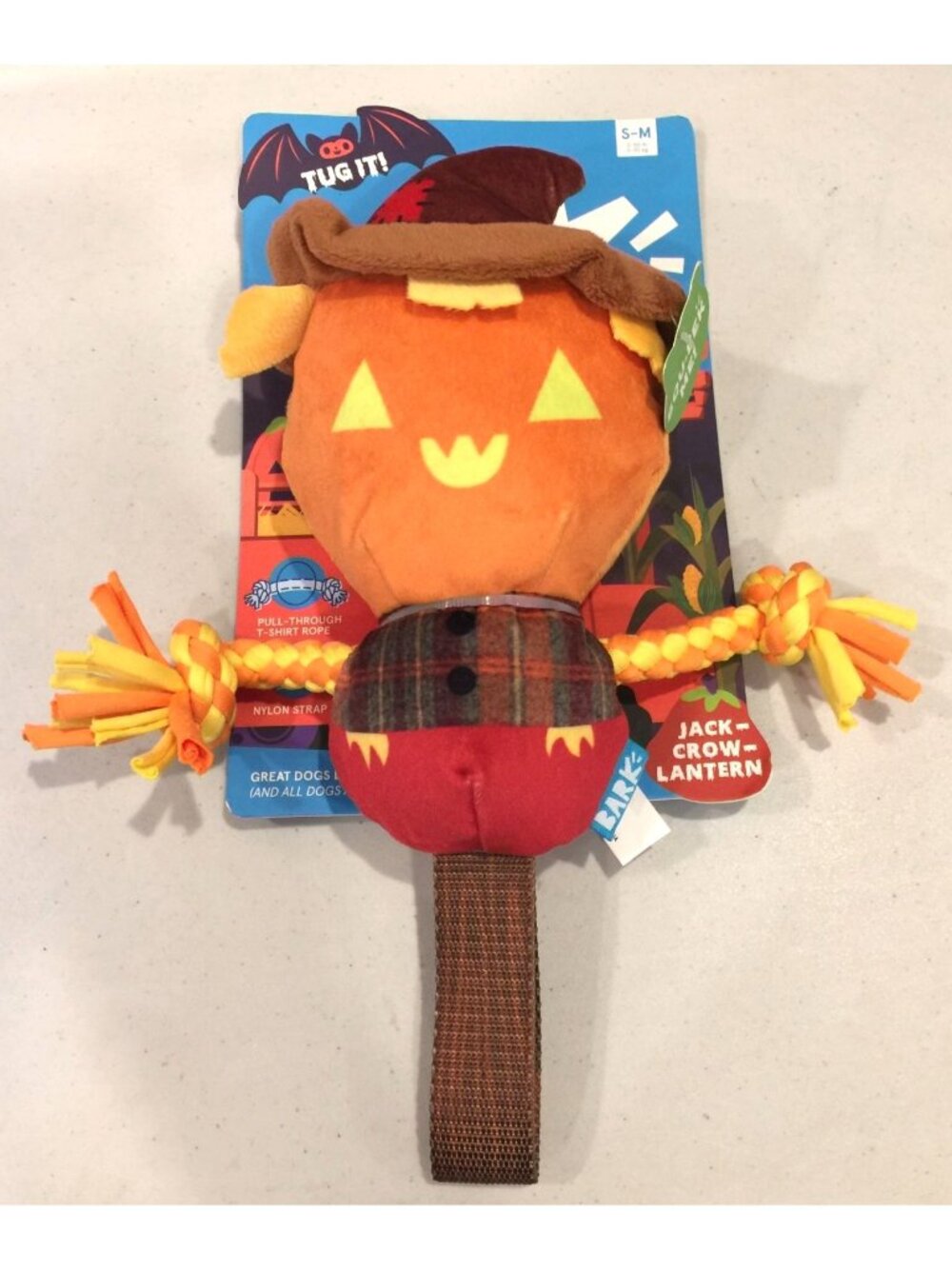 BARK Haunted Playride Jack-Crow-Lantern Tug It Plush Dog Toy Squeak Rope